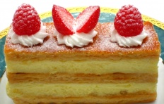 A replica of Mille-Feuille cake with strawberry and raspberry