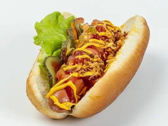 original hot dog displayed in airport fast food restaurant