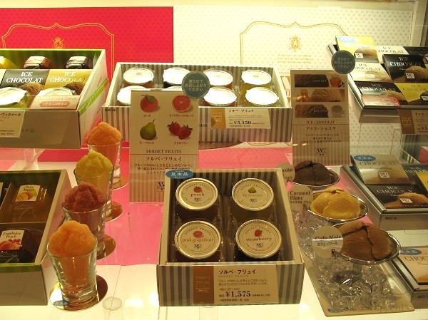 Ice cream replicas in café showcase decorated with artificial ice chips for summer sales
