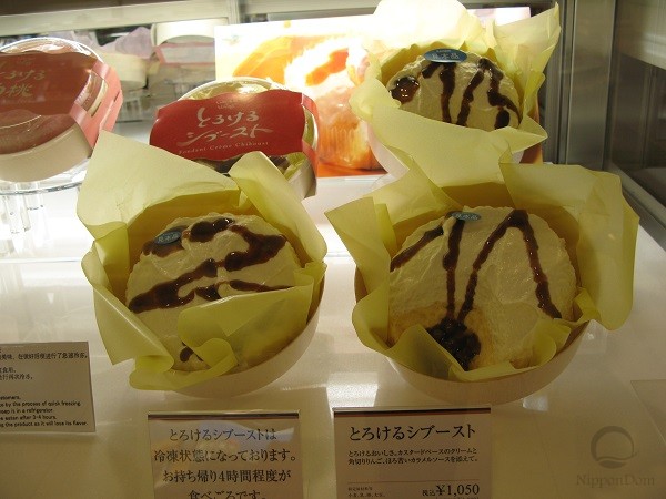 Cottage cheese dessert replica in showcase with poor illumination reducing visibility