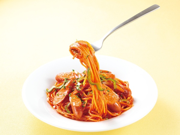 Food replica of pasta twirled on a fork, frozen in motion
