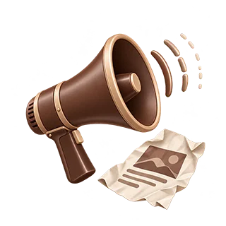 Megaphone with fading sound waves next to a crumpled advertising flyer