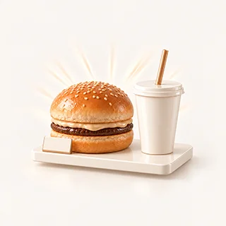 Burger and drink replicas with a price tag on a display stand