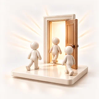 People walking in through an open door