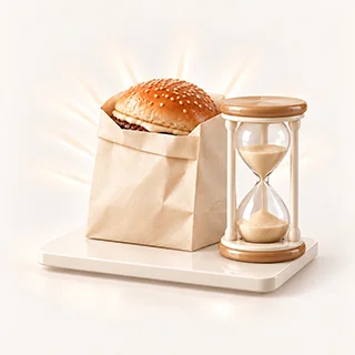 Takeaway burger bag next to an hourglass