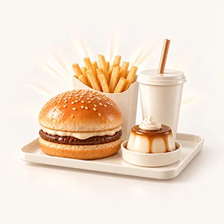 Tray with burger, fries, drink and dessert replicas