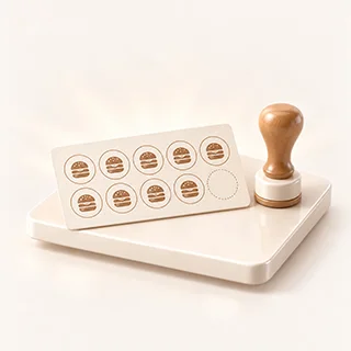 Loyalty stamp card with burger stamps and a rubber stamp